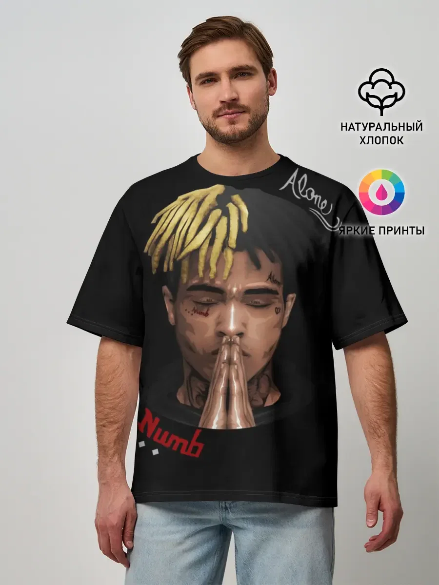 Мужская хлопковая оверсайз-футболка «XXXtentacion» — мерч купить — принт крупно