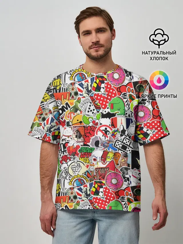 Мужская футболка оверсайз с принтом «Кубик Рубика — Sticker Bombing»