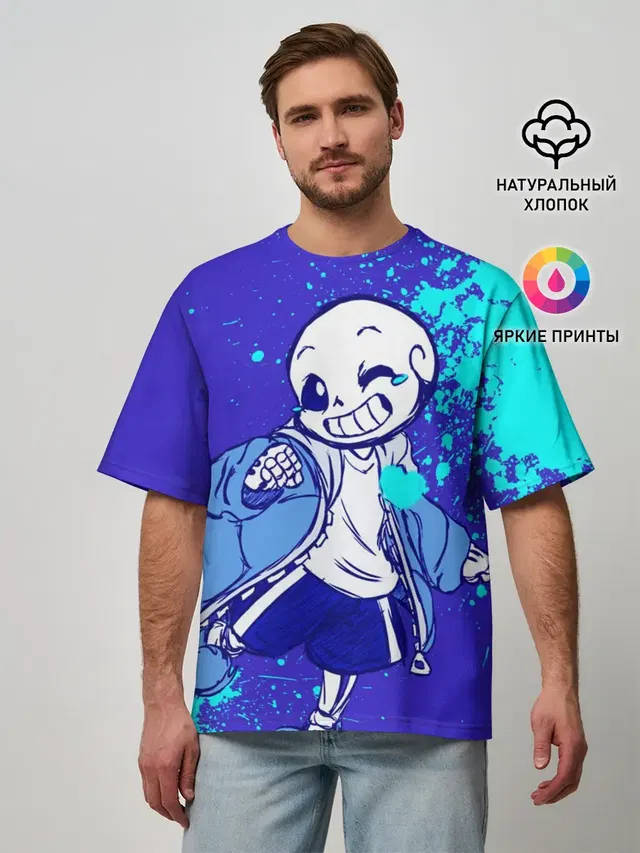 Мужская футболка оверсайз с принтом «Skeleton — UNDERTALE SANS BLUE»