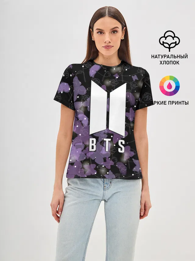 Женская базовая футболка с принтом «BTS — BTS BUTTERFLIES — БАБОЧКИ»