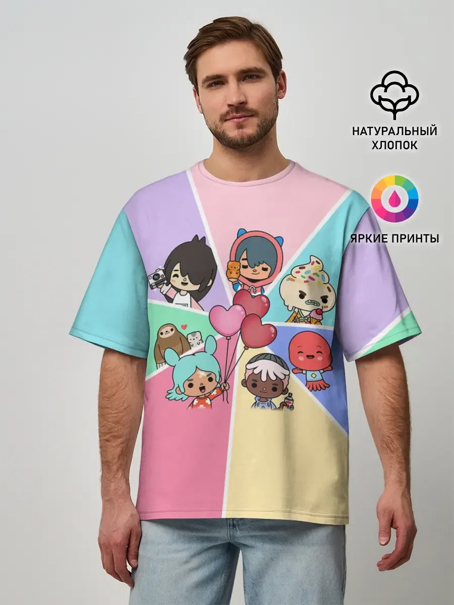 Мужская футболка оверсайз с принтом «TOCA BOCA WORLD HEROES», вид спереди