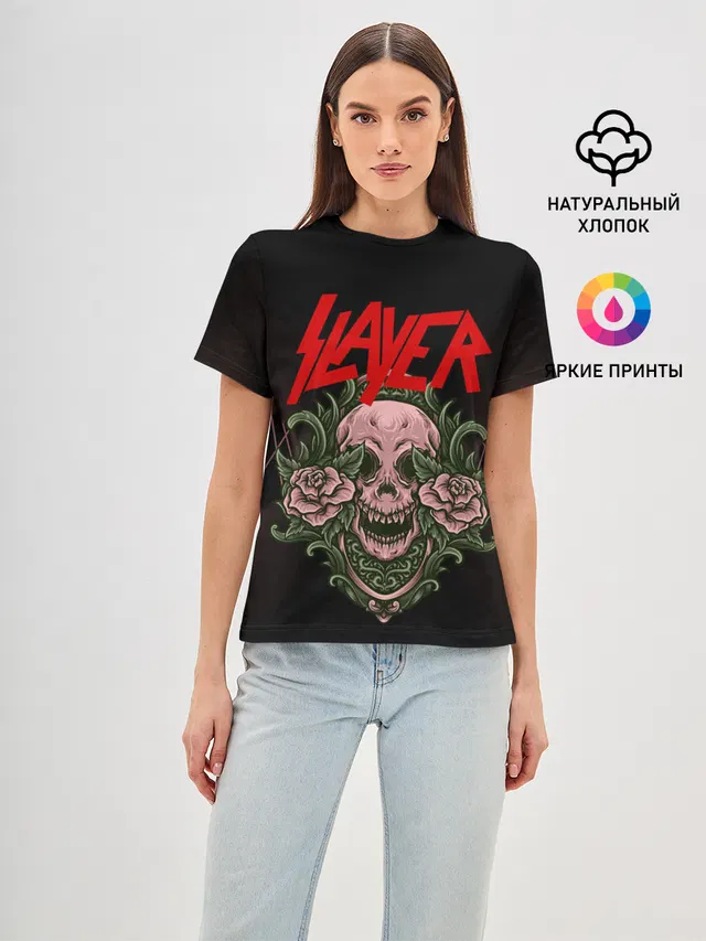 Женская базовая футболка с принтом «Slayer — УБИЙЦА»