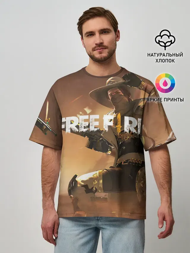 Мужская футболка оверсайз с принтом «Cowboy — FREE FIRE»