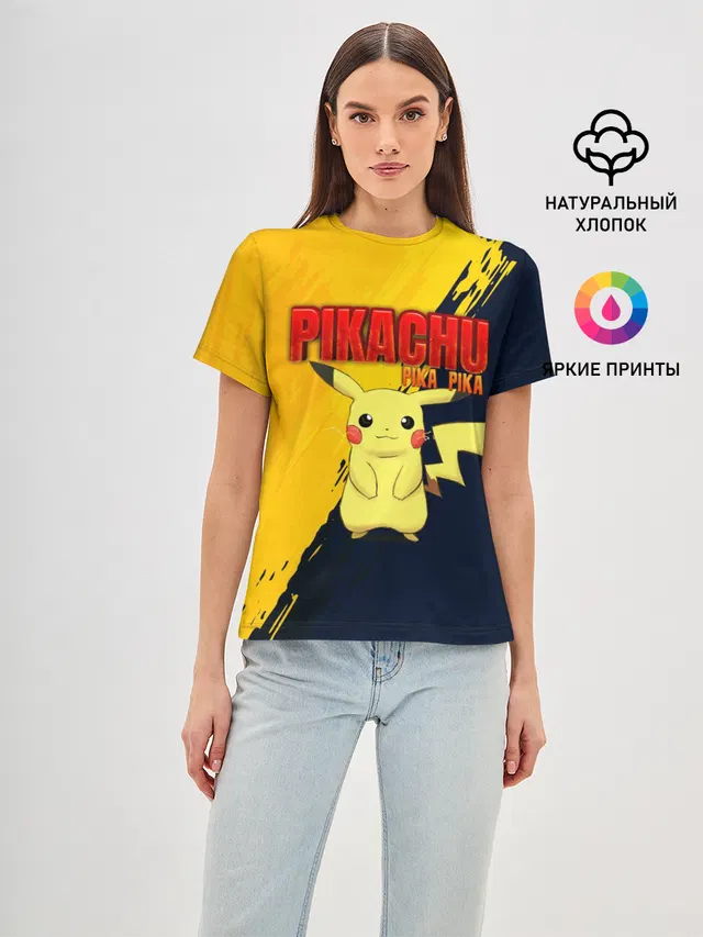 Женская базовая футболка с принтом «Pokemon Go — PIKACHU PIKA PIKA — ПИКАЧУ»