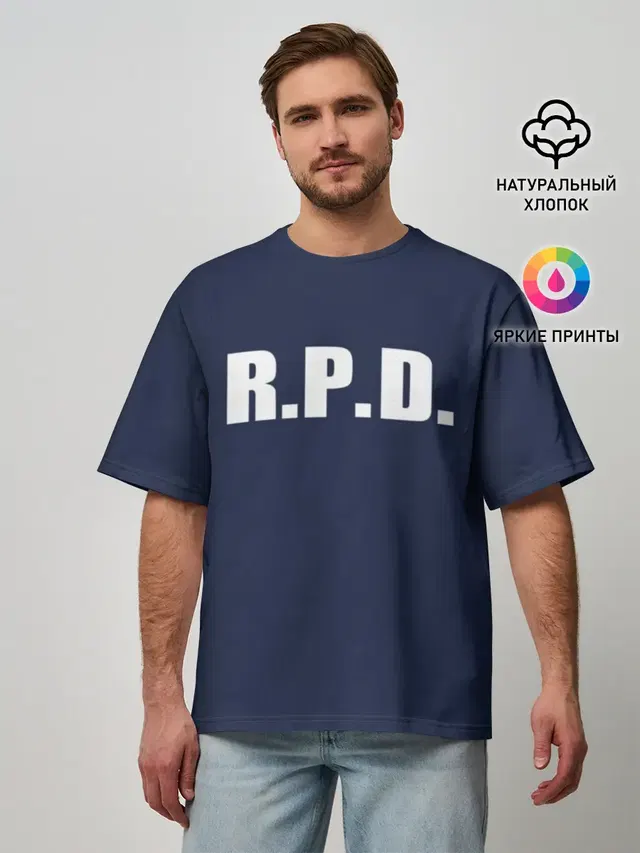 Мужская футболка оверсайз с принтом «Raccoon Police Department — R.P.D. LEON S.KENNEDY»