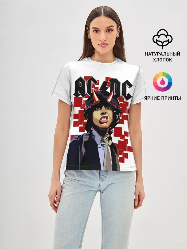Женская базовая футболка с принтом «AC — AC/DC Ангус Янг»