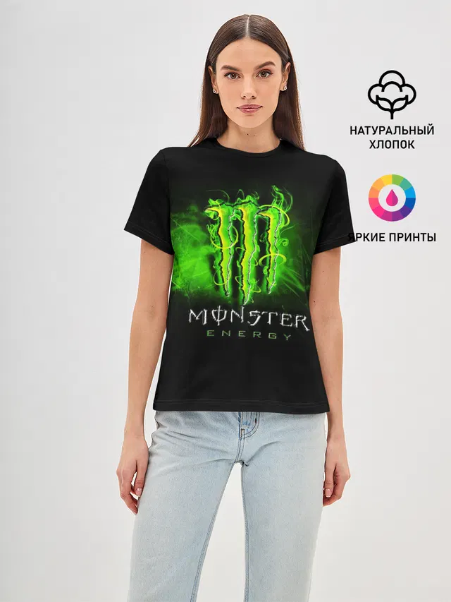 Женская базовая футболка с принтом «Разные тренды — MONSTER ENERGY NEON — НЕОН»