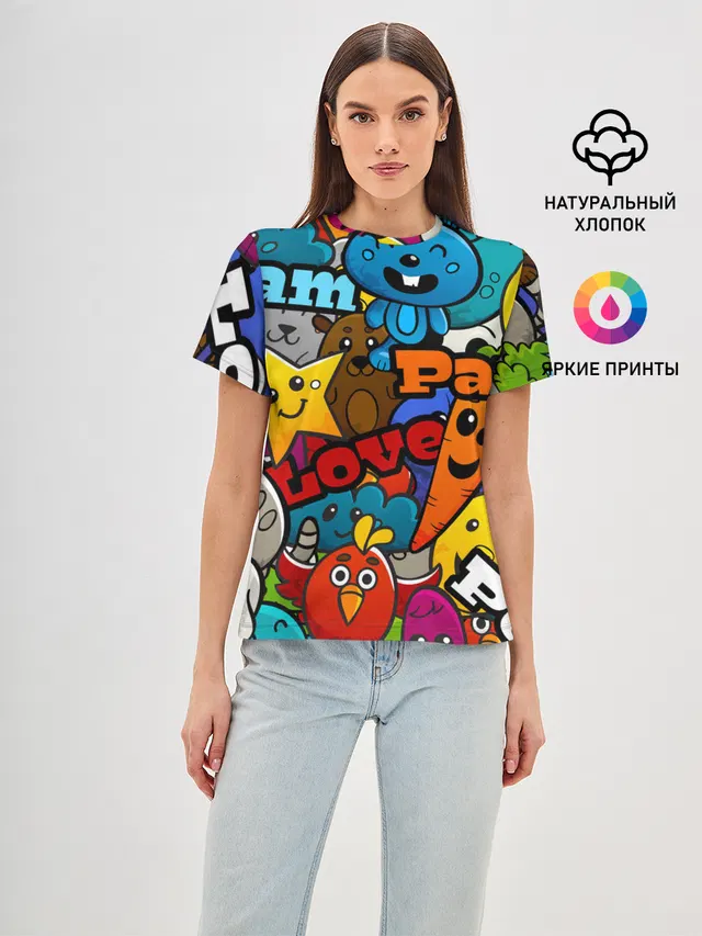 Женская базовая футболка с принтом «Love Peace Party»