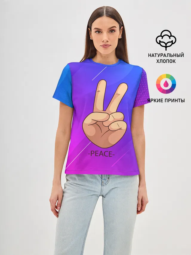Женская базовая футболка с принтом «Хиппи — ВСЕМ МИР — PEACE»