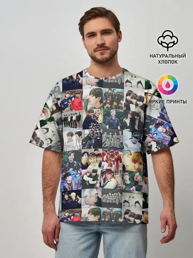 Мужская футболка оверсайз с принтом «BTS — BTS Collage»