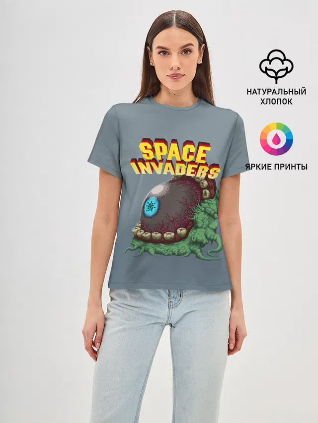 Женская базовая футболка с принтом «Retro gaming — Boss — Space Invaders — Old game»
