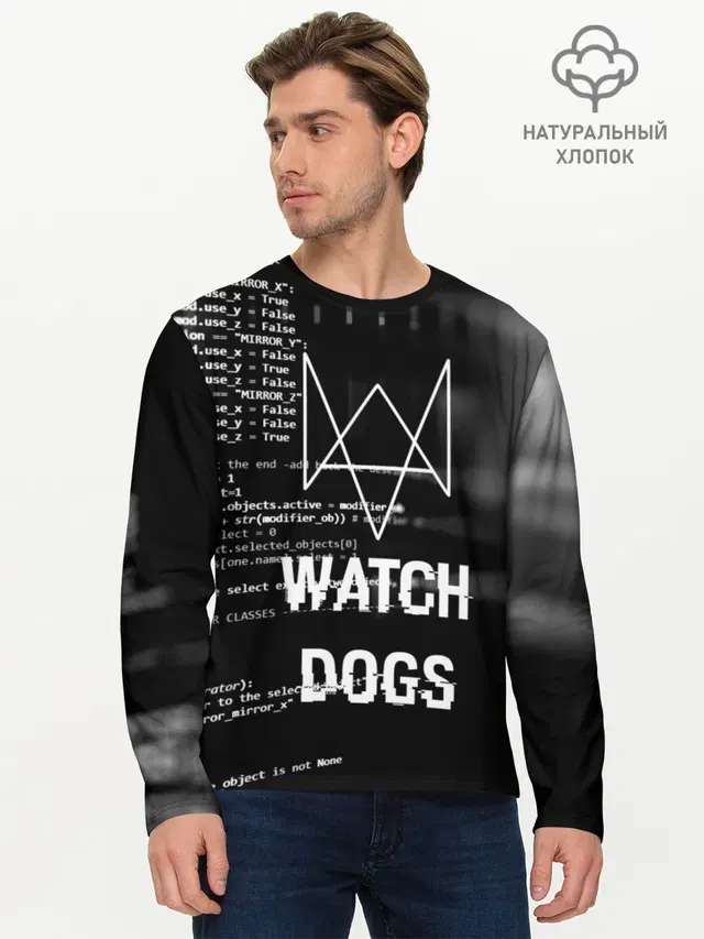 Мужской лонгслив базовый с принтом «Watch Dogs 2 — Wath dogs 2 Хакер»