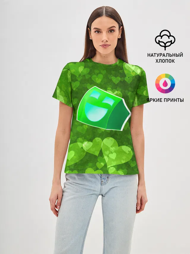 Женская базовая футболка с принтом «Geometry Dash Green Love — Green Love»