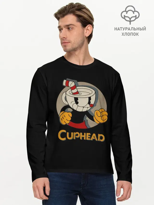 Мужской лонгслив базовый с принтом «Cuphead»