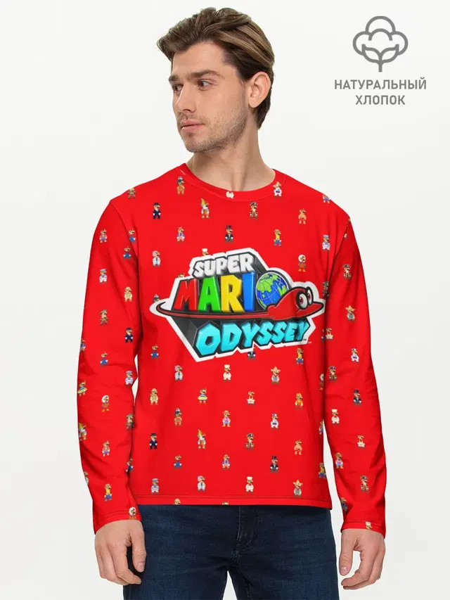 Мужской лонгслив базовый с принтом «Mario — Super Mario Odyssey»