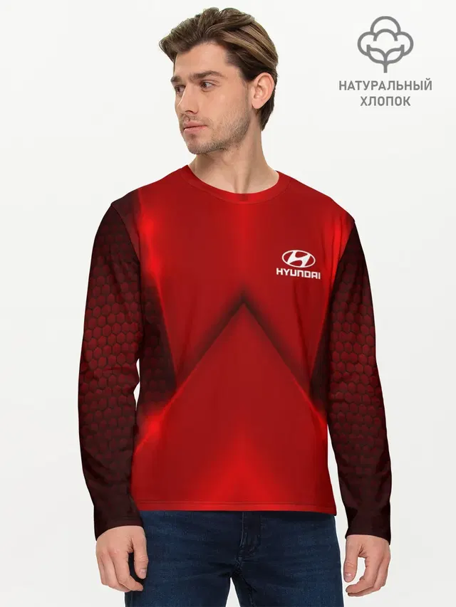 Мужской лонгслив базовый с принтом «Hyundai car sport — Hyundai car sport RED»