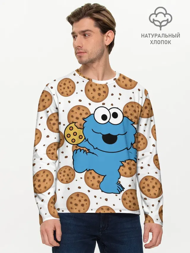 Мужской лонгслив базовый с принтом «Улица Сезам — Cookie monster»