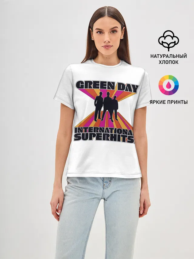 Женская базовая футболка с принтом «International Superhits! Green Day»
