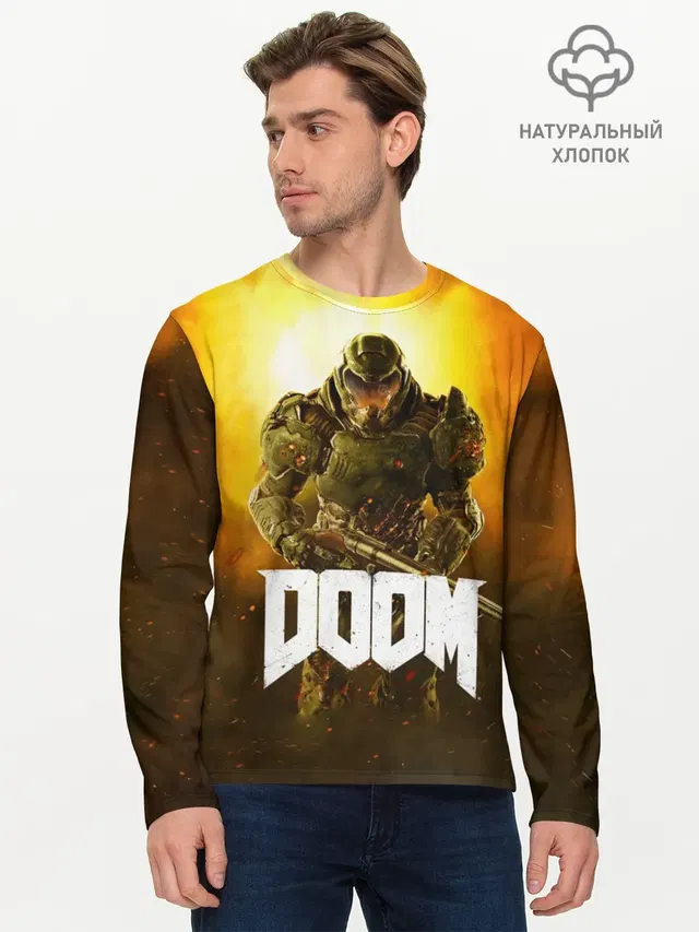 Мужской лонгслив базовый с принтом «Дум — DOOM 2016»