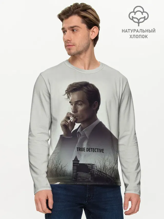 Мужской лонгслив базовый с принтом «True Detective»