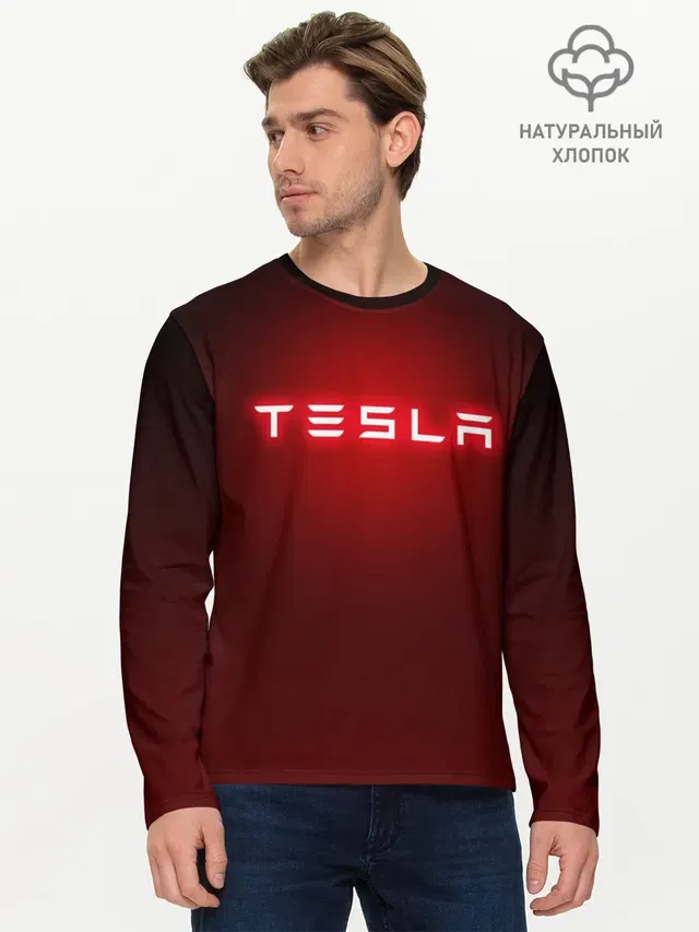 Мужской лонгслив базовый с принтом «Tesla»