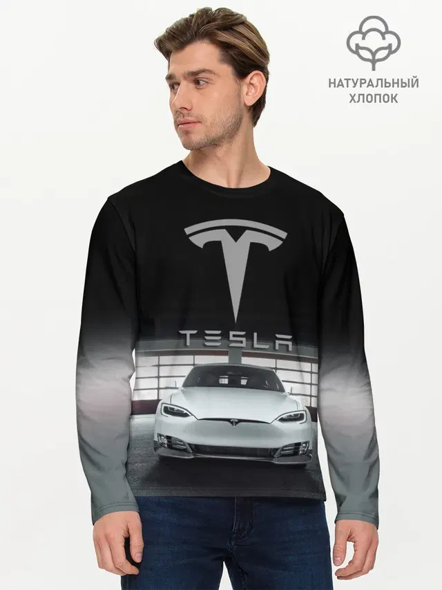 Мужской лонгслив базовый с принтом «Разные автомобильные — TESLA»