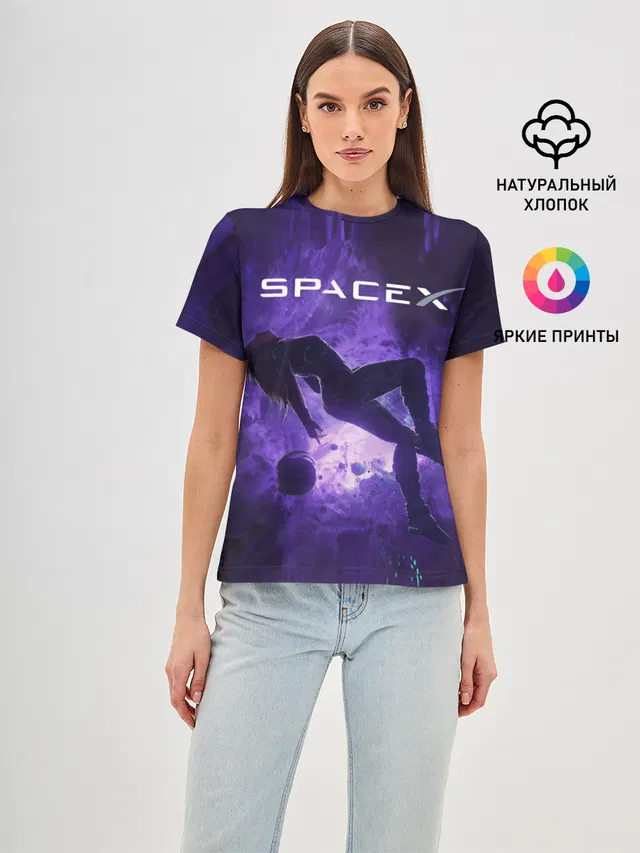 Женская базовая футболка с принтом «Астрономия, космос — Space X Girl in zero gravity»