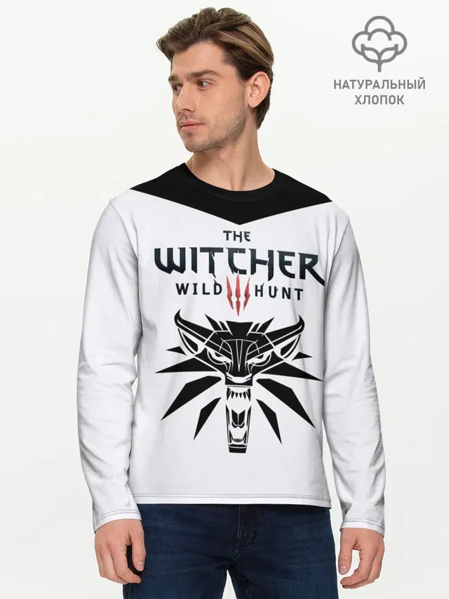 Мужской лонгслив базовый с принтом «Wolf School Medallion — THE WITCHER 3: WILD HUNT»