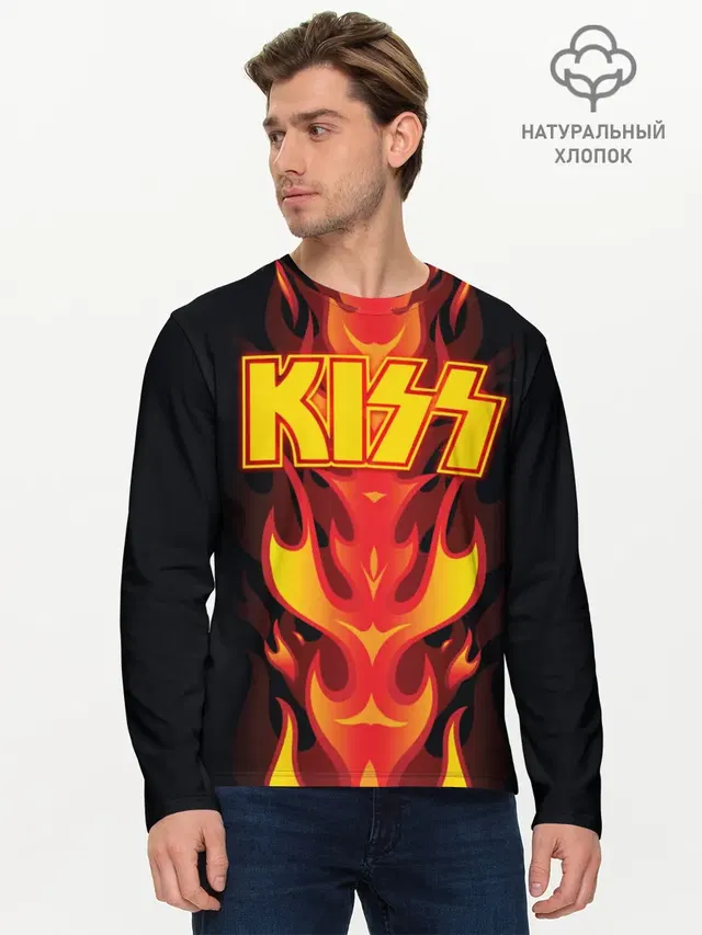 Мужской лонгслив базовый с принтом «Kiss»