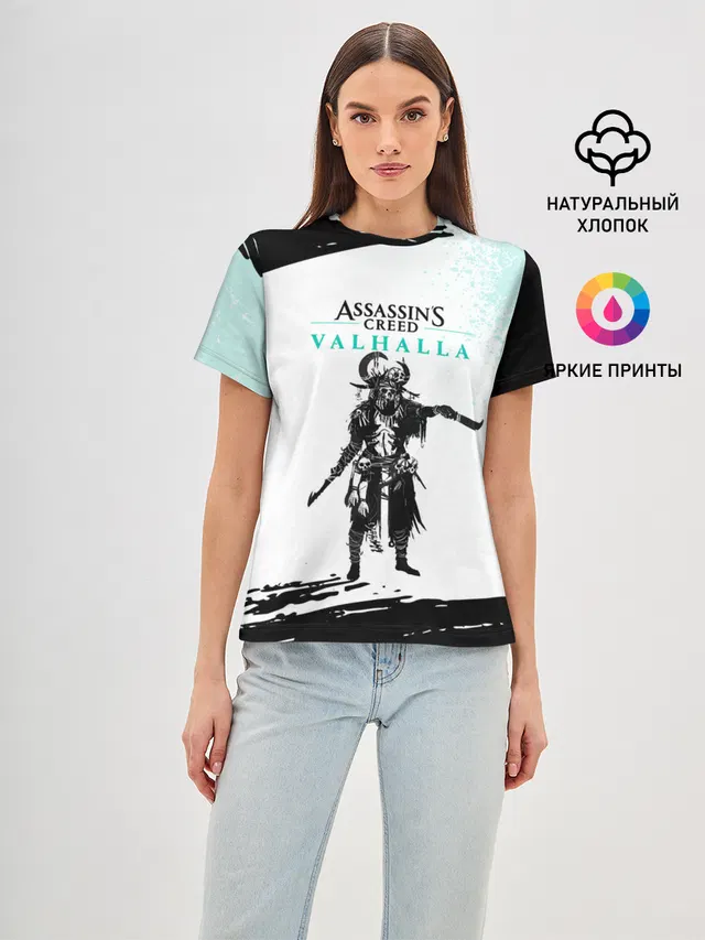Женская базовая футболка с принтом «Viking warrior — АССАСИН КРИД — ASSASSINS CREED VALHALLA»