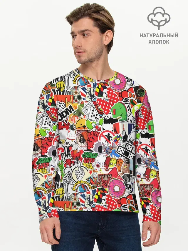Мужской лонгслив базовый с принтом «Кубик Рубика — Sticker Bombing»