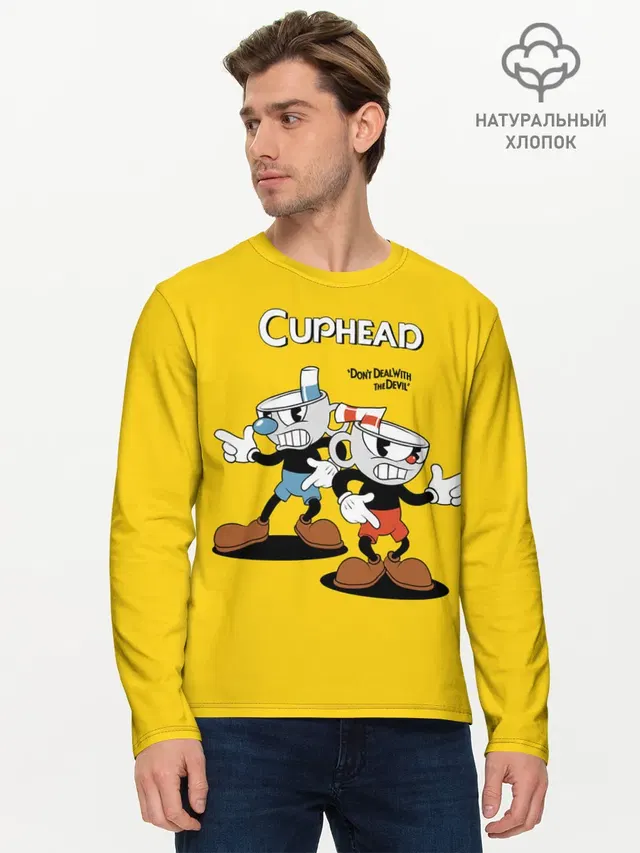 Мужской лонгслив базовый с принтом «Cuphead»