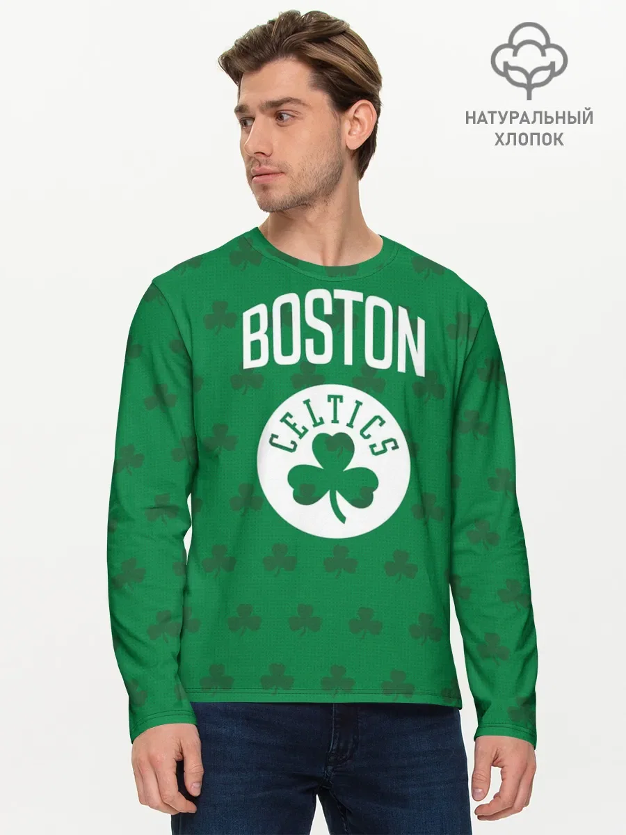 Мужской хлопковый лонгслив «Boston Celtics» — принт крупно