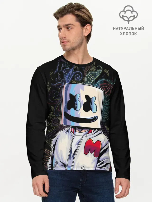 Мужской лонгслив базовый с принтом «Marshmello — M»