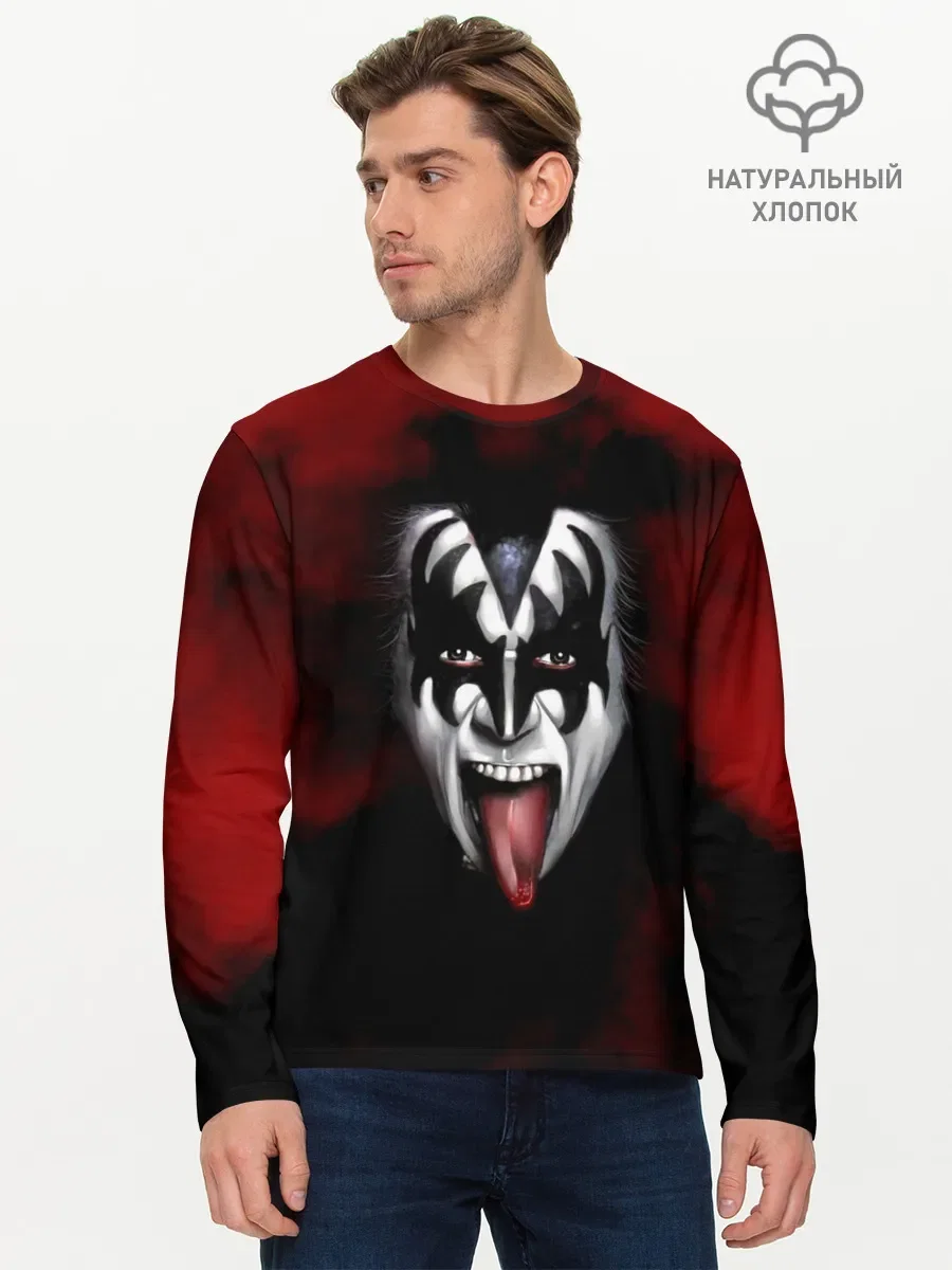 Мужской хлопковый лонгслив «Gene Simmons» Kiss — мерч купить — принт крупно