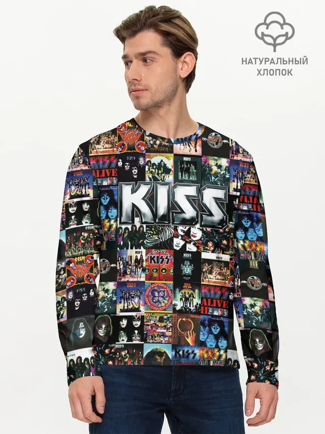 Мужской лонгслив базовый с принтом «Kiss»