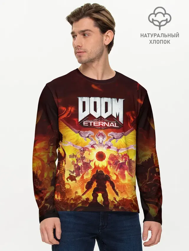 Мужской лонгслив базовый с принтом «Дум — DOOM Eternal»