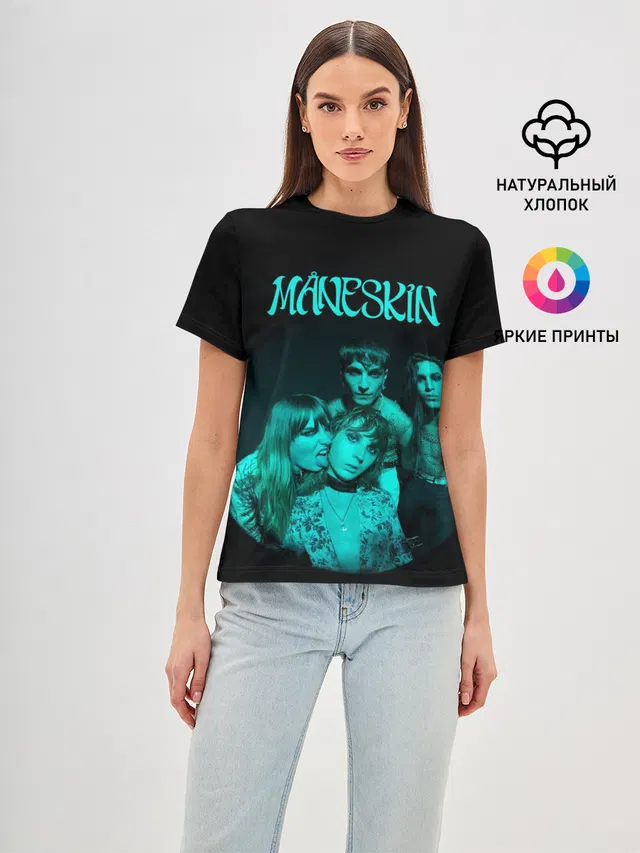 Женская базовая футболка с принтом «Maneskin — Maneskin. Fisheye Faces»