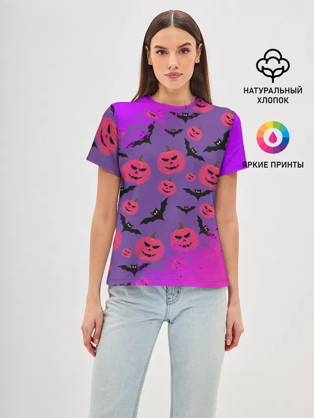Женская базовая футболка с принтом «Хэллоуин — HALLOWEEN NEON»