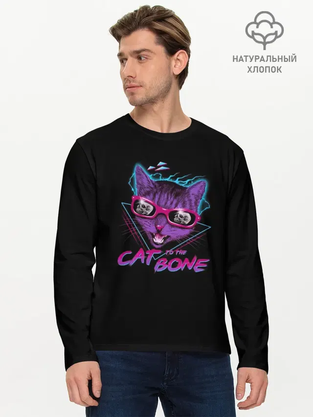 Мужской лонгслив базовый с принтом «Hotline Miami — Cat To The Bone»