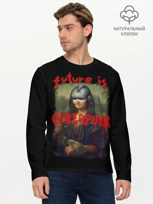 Мужской лонгслив базовый с принтом «Cyberpunk 2077 — Cyberpunk Mona Lisa»