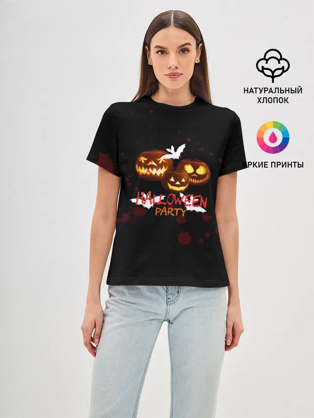 Женская базовая футболка с принтом «Хэллоуин — Кровавый Halloween»