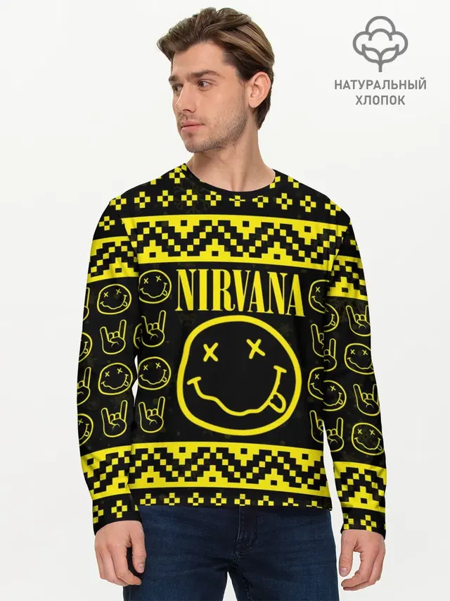 Мужской лонгслив базовый с принтом «Новогодняя Nirvana»