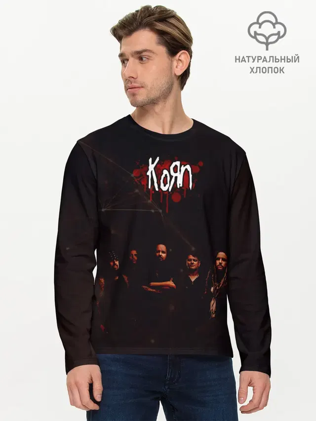 Мужской лонгслив базовый с принтом «KoЯn — Korn»
