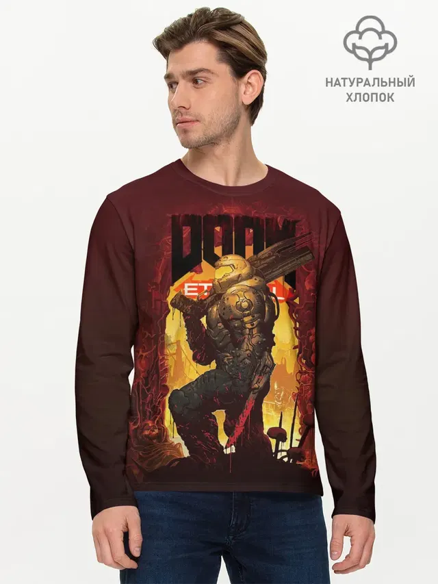 Мужской лонгслив базовый с принтом «Дум — Doom Eternal»