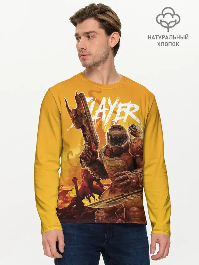 Мужской лонгслив базовый с принтом «Дум — Doom Slayer»