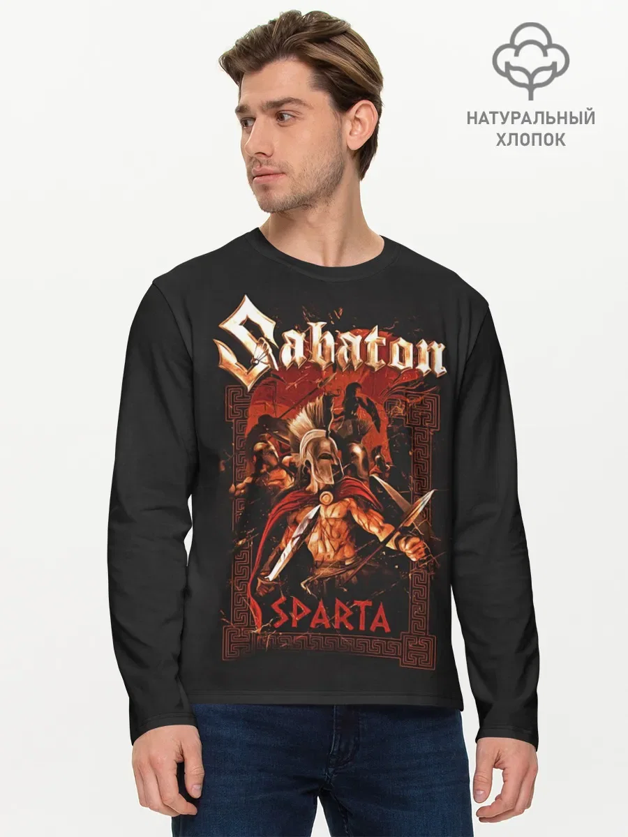 Мужской хлопковый лонгслив «Sabaton - Sparta» — мерч купить — принт крупно