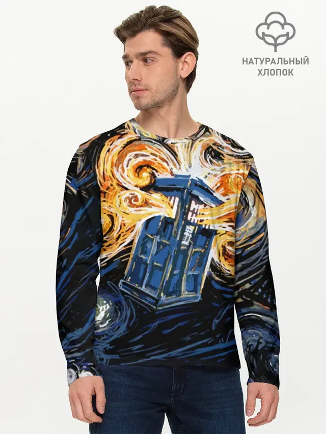 Мужской лонгслив базовый с принтом «Van Gogh Tardis»