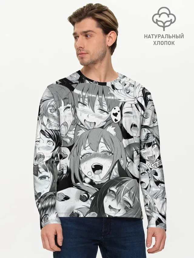Мужской лонгслив базовый с принтом «Ahegao — AHEGAO monochrome»