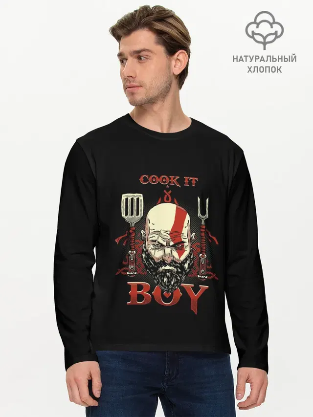Мужской лонгслив базовый с принтом «God of war — God of War. Cook it Boy»